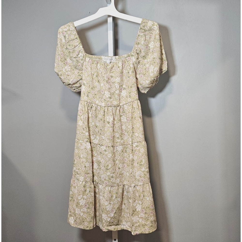 Wild Skye Girl's Size M Green Floral Peasant Style Dress Short Balloon Sleeves